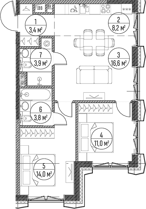Планировка: Евротрёшка 60,9 м² в ЖК «Дом на Часовой»