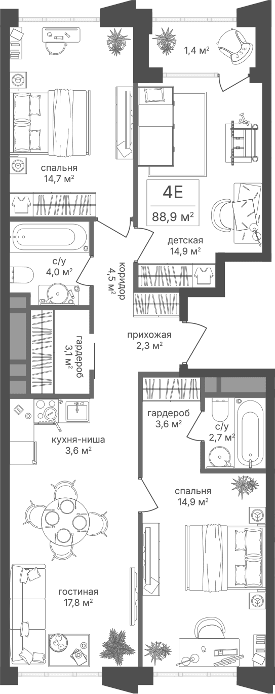 Планировка: Квартира евро-4 86,1 м² в ЖК «Михалковский»