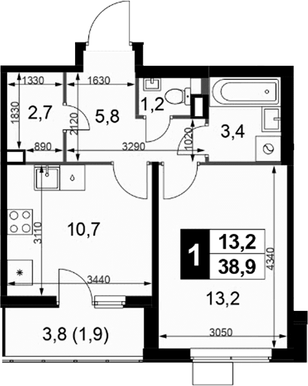 Планировка: 1-комнатная квартира 37 м² в ЖК «1-й Химкинский»