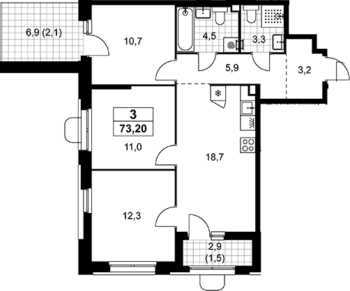 Планировка: Квартира евро-4 69,6 м² в ЖК «Прокшино»