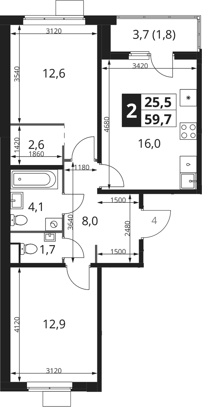 Планировка: Евротрёшка 57,9 м² в ЖК «1-й Ясеневский»