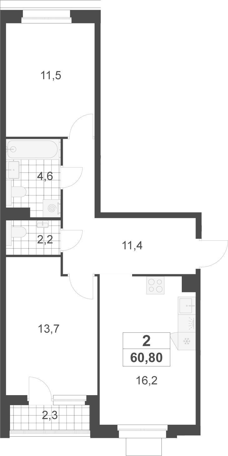 Планировка: Евротрёшка 59,6 м² в ЖК «Деснаречье»