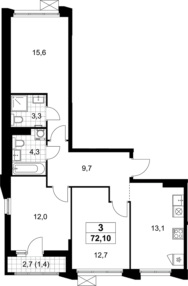 Планировка: 3-комнатная квартира 70,7 м² в ЖК «Деснаречье»
