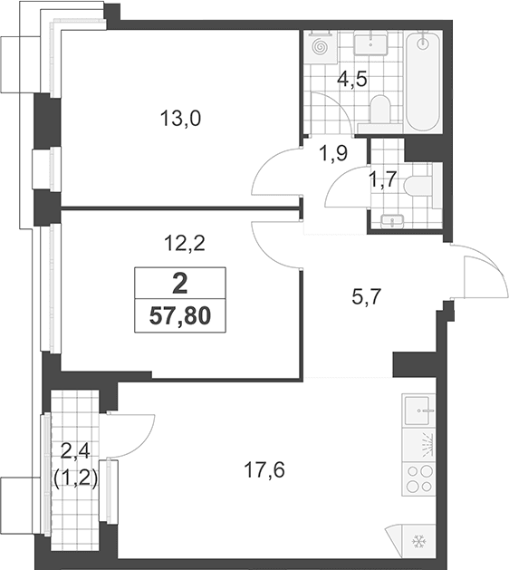 Планировка: Евротрёшка 56,6 м² в ЖК «Южные сады»