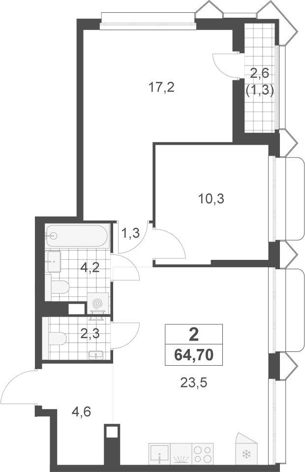 Планировка: Евротрёшка 63,4 м² в ЖК «Деснаречье»