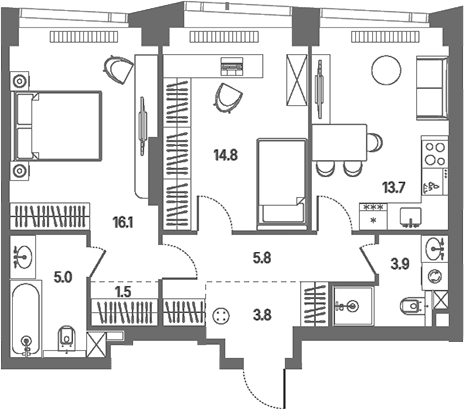 Планировка: Евротрёшка 64,6 м² в ЖК «КОД Сокольники»