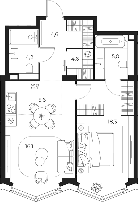 Планировка: Евродвушка 58,4 м² в ЖК «МАСТЕРС»