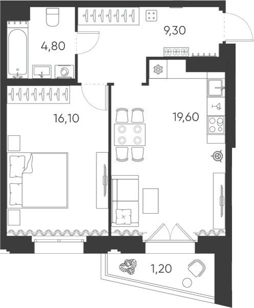 Планировка: Евродвушка 49,8 м² в ЖК «Моисеенко, 10»