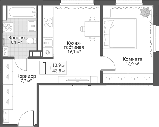 Планировка: Евродвушка 43,8 м² в ЖК «Руднева, 15»