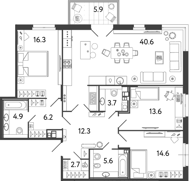 Планировка: Квартира евро-4 120,5 м² в ЖК «Репин»