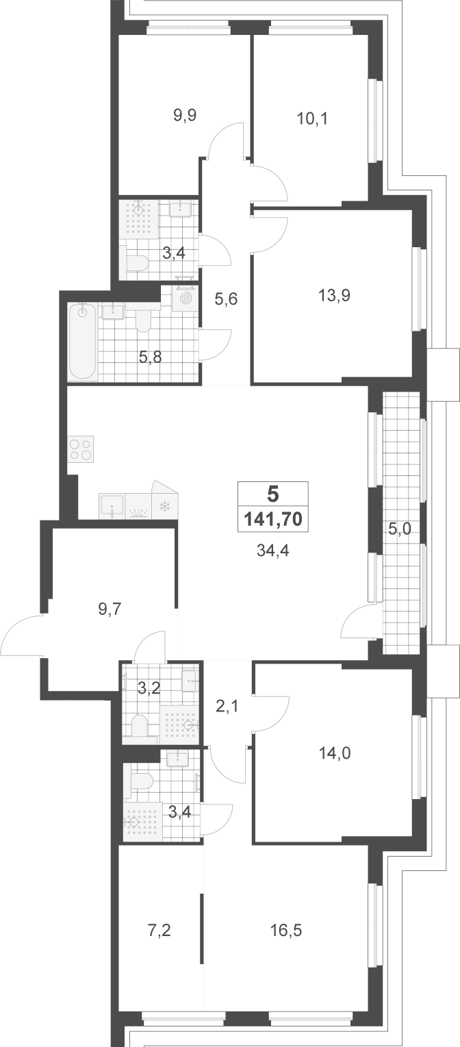 Планировка: 5-комнатная квартира 139,2 м² в ЖК «Деснаречье»