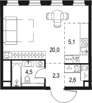 Планировка: 1-комнатная квартира 34,2 м² в ЖК «Левел Селигерская»