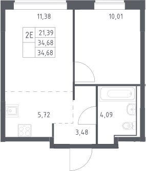 Планировка: Евродвушка 34,7 м² в ЖК «Прибрежный Парк»