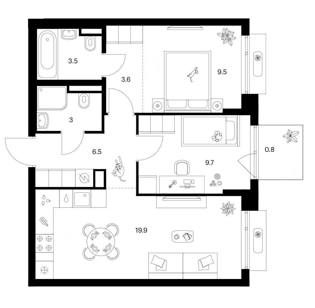 Планировка: 2-комнатная квартира 55,7 м² в ЖК «Зеленый парк»