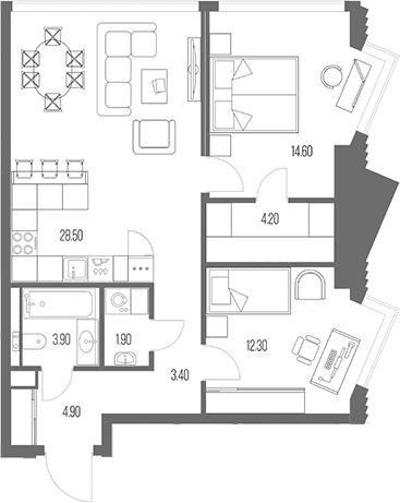 Планировка: 2-комнатная квартира 73,7 м² в ЖК «Северный Порт»