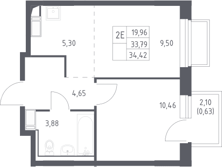 Планировка: Евродвушка 33,8 м² в ЖК «Томилино Парк»