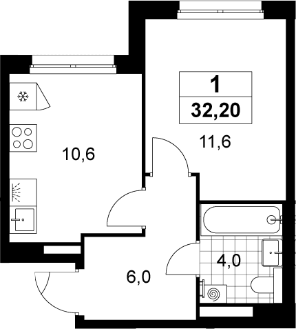 Планировка: 1-комнатная квартира 32,2 м² в ЖК «Деснаречье»