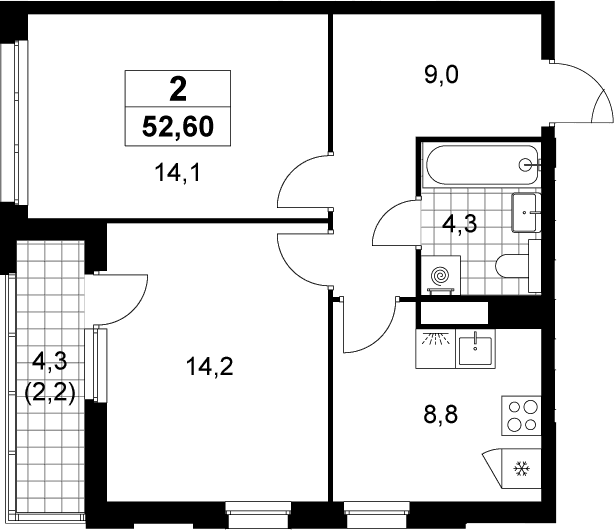 Планировка: 2-комнатная квартира 50,4 м² в ЖК «Деснаречье»