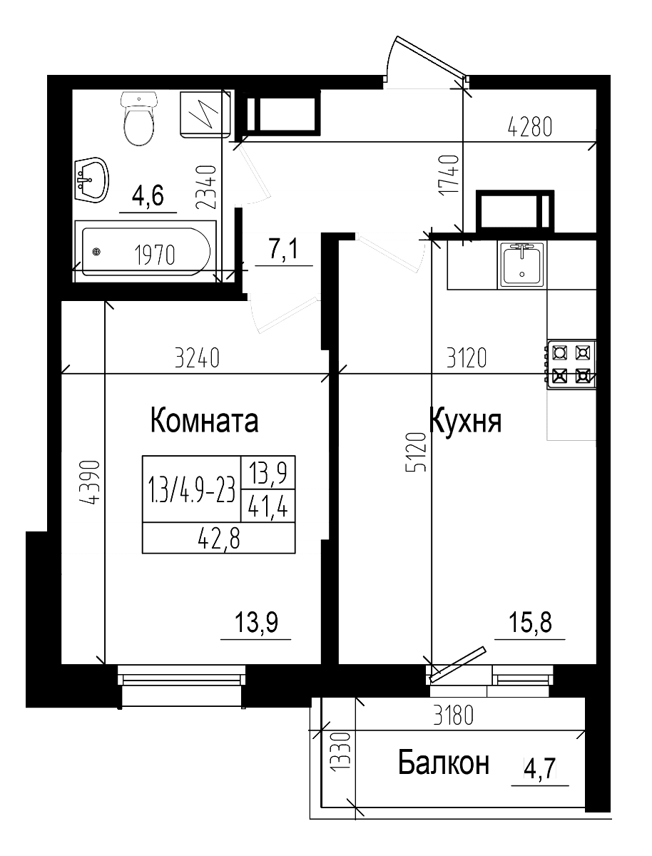 Планировка: Евродвушка 41,4 м² в ЖК «Прагма Сити»