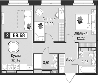 Планировка: Евротрёшка 59,6 м² в ЖК «Символист»