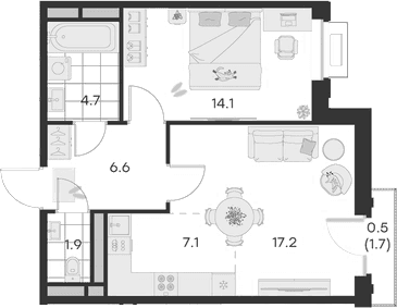 Планировка: Евродвушка 51,6 м² в ЖК «Михалевич»