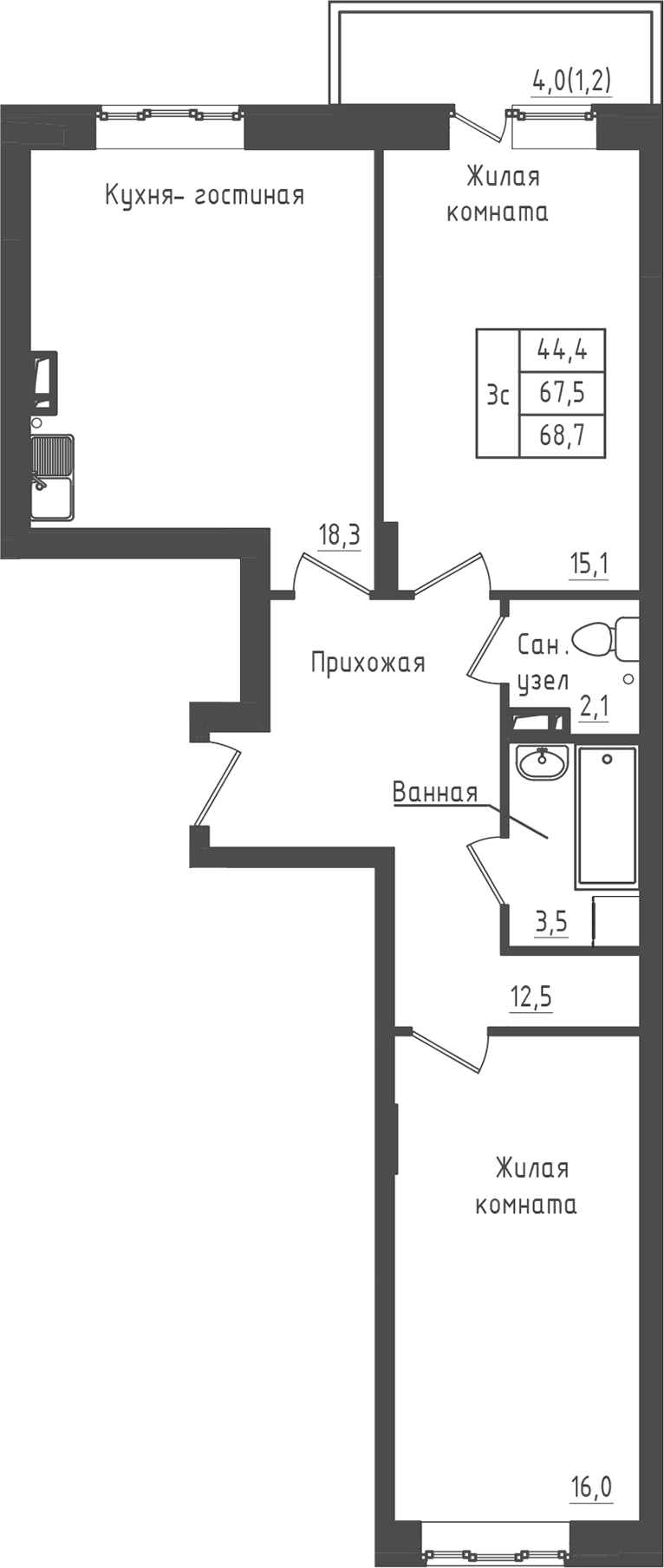 Планировка: 2-комнатная квартира 67,5 м² в ЖК «Зеленый город»