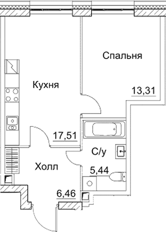 Планировка: Евродвушка 42,7 м² в ЖК «СЕЗАР СИТИ»