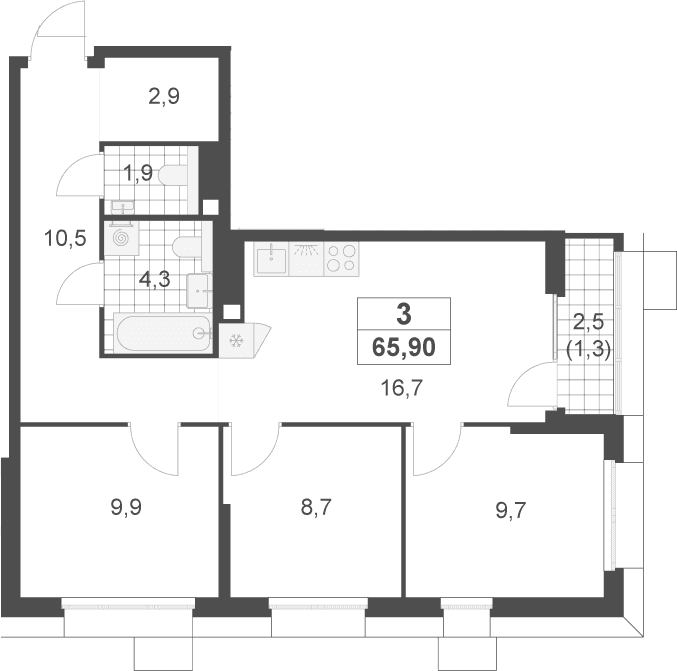 Планировка: Квартира евро-4 64,6 м² в ЖК «Скандинавия»
