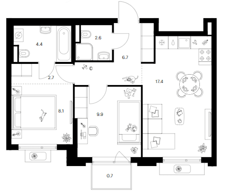 Планировка: 2-комнатная квартира 51,8 м² в ЖК «Белая Дача парк»