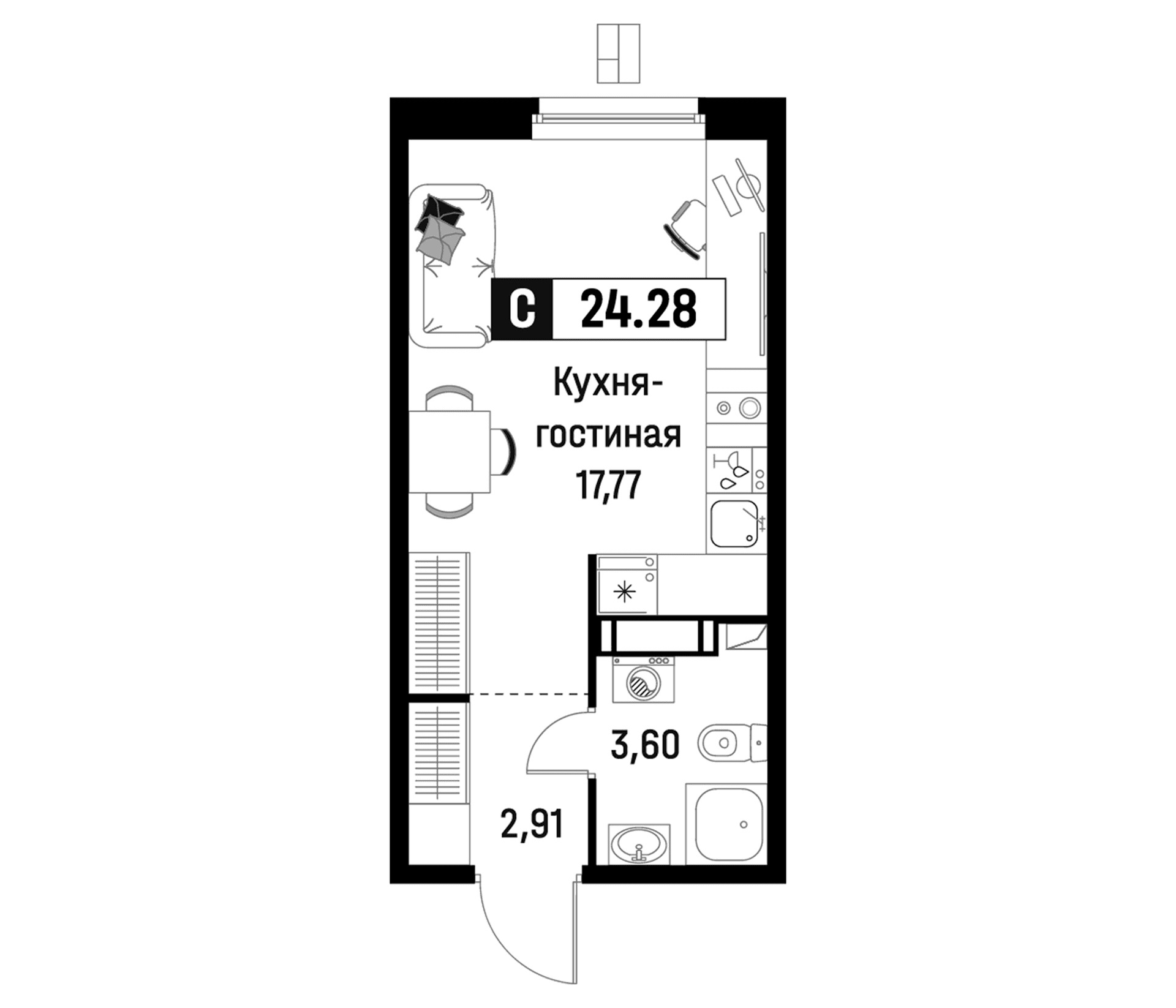 Планировка: Студия 24,3 м² в ЖК «Максималист»