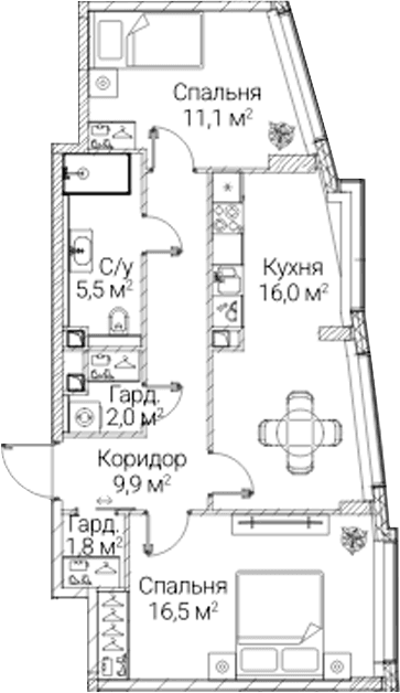 Планировка: 2-комнатная квартира 62,8 м² в ЖК «СЕЗАР БУДУЩЕЕ»
