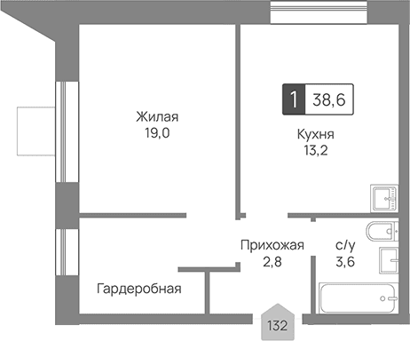 Планировка: 1-комнатная квартира 38,6 м² в ЖК «Отрада 3»
