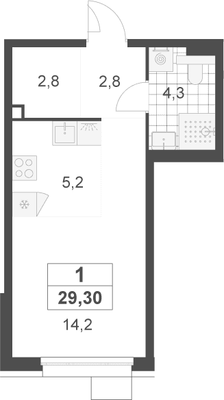 Планировка: Студия 29,3 м² в ЖК «Скандинавия»