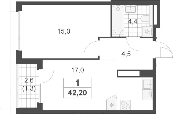 Планировка: Евродвушка 40,9 м² в ЖК «Скандинавия»