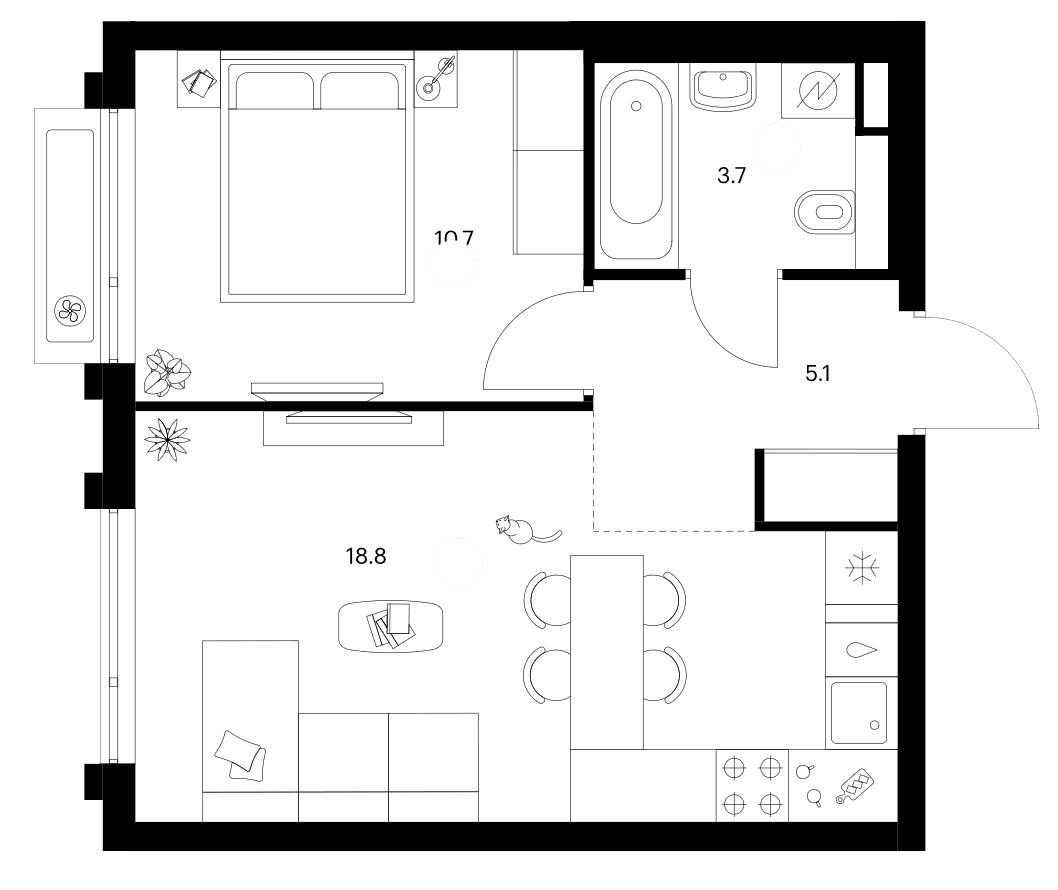 Планировка: 1-комнатная квартира 38,3 м² в ЖК «Белая Дача парк»