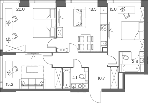 Планировка: Квартира евро-4 87,3 м² в ЖК «ЛОТ от Аквилон»