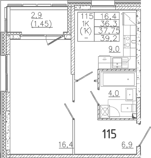Планировка: 1-комнатная квартира 36,3 м² в ЖК «Лисино»