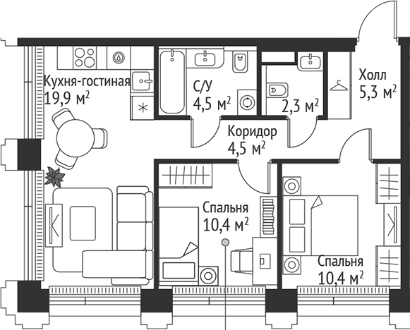 Планировка: Евротрёшка 57,3 м² в ЖК «СЕТ»