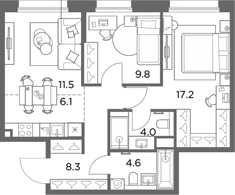 Планировка: Евротрёшка 61,5 м² в ЖК «Станиславский»