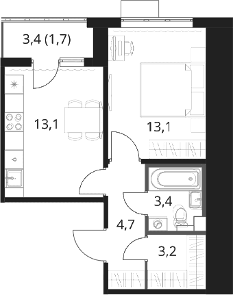 Планировка: 1-комнатная квартира 37,5 м² в ЖК «1-й Шереметьевский»