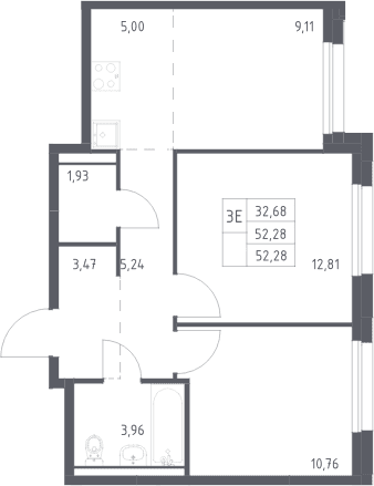 Планировка: Евротрёшка 52,3 м² в ЖК «Прибрежный Парк»
