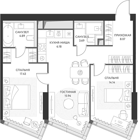 Планировка: Евротрёшка 70,3 м² в ЖК «ХАЙДАУТ»