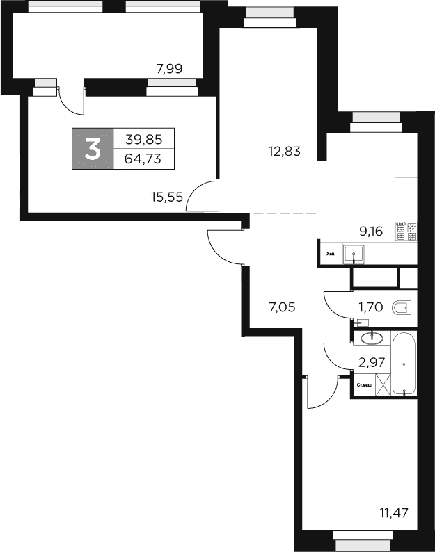 Планировка: Евротрёшка 60,7 м² в ЖК «Восток 2»