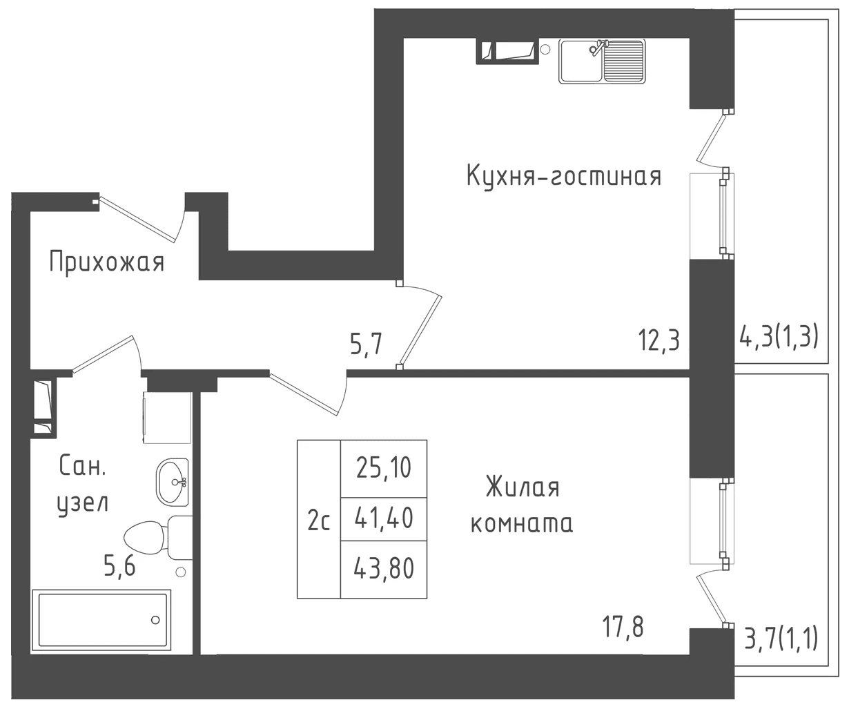 Планировка: 1-комнатная квартира 41,4 м² в ЖК «Зеленый город»