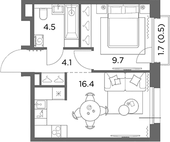 Планировка: 1-комнатная квартира 34,7 м² в ЖК «Станиславский»