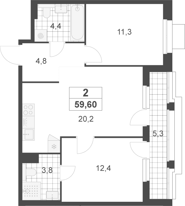 Планировка: Евротрёшка 56,9 м² в ЖК «Деснаречье»