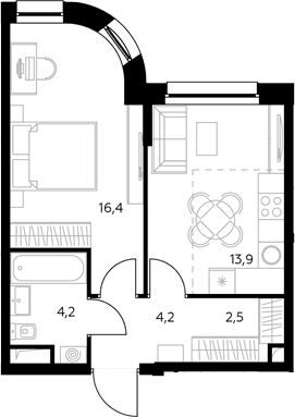 Планировка: 1-комнатная квартира 40,5 м² в ЖК «Адмирал»