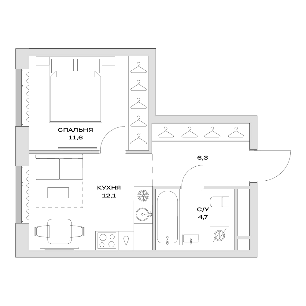 Планировка: 1-комнатная квартира 34,7 м² в ЖК «Детали»