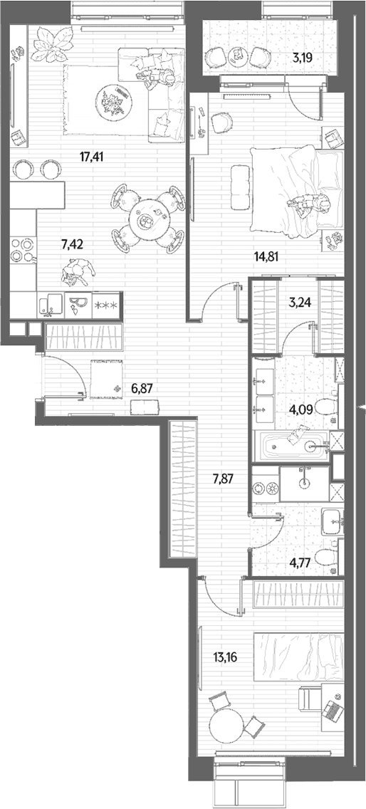 Планировка: Евротрёшка 79,6 м² в ЖК «МЫС»