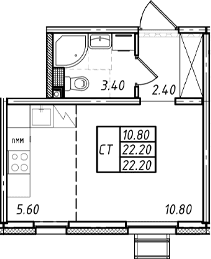 Планировка: Студия 22,2 м² в ЖК «Ржевский парк»